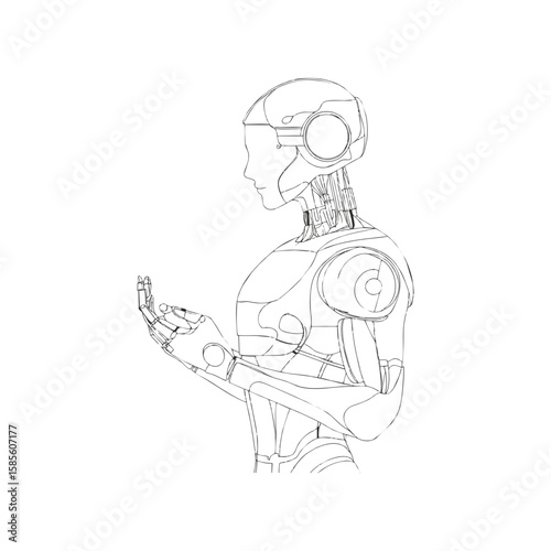 Futuristic female humanoid robot with detailed circuit elements in black outline on transparent background. AI concept for tech blog, coding education, or science magazine.