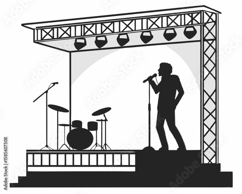 Silhouette illustration of a singer performing on stage with musical instruments