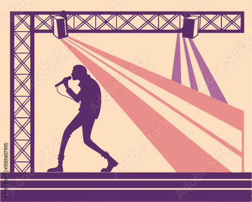 Silhouette of a singer performing on stage under stage lighting beams