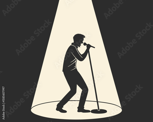 Silhouette of a singer performing under a spotlight on a stage