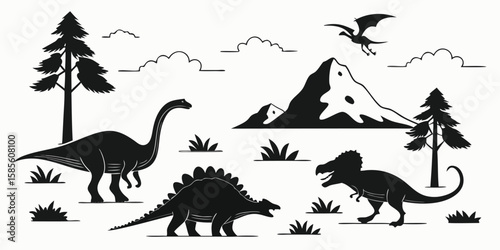 Collection of dinosaur silhouettes in a prehistoric landscape isolated on white background