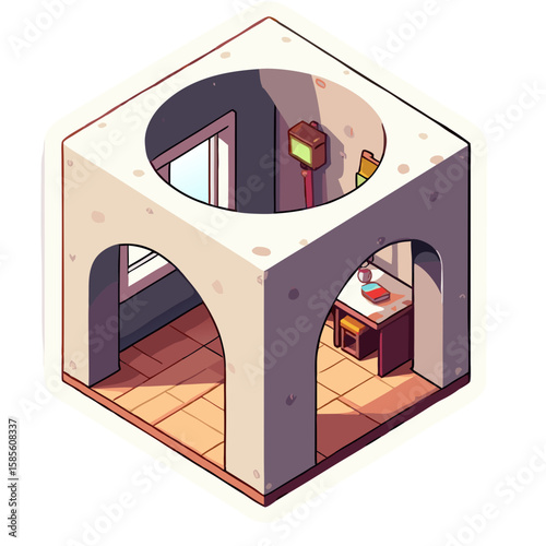 Minimalist Vector SVG Illustration of a Cube-Shaped Room with Arched Openings in Flat Design Style with Warm Color Palette