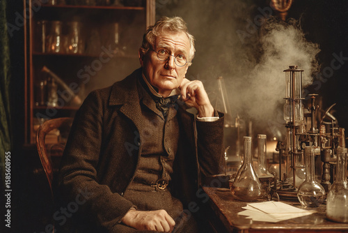Victorian scientist conducting experiments in a dimly lit laboratory during the late 19th century