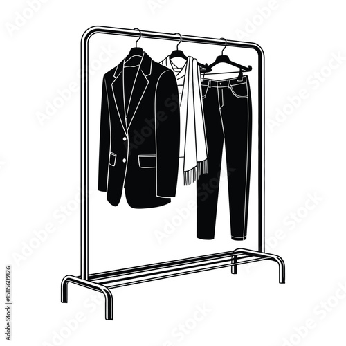 Clothing Rack Icon, Vector, Illustration, Outline, Line Art, Silhouette, Logo, White Background.