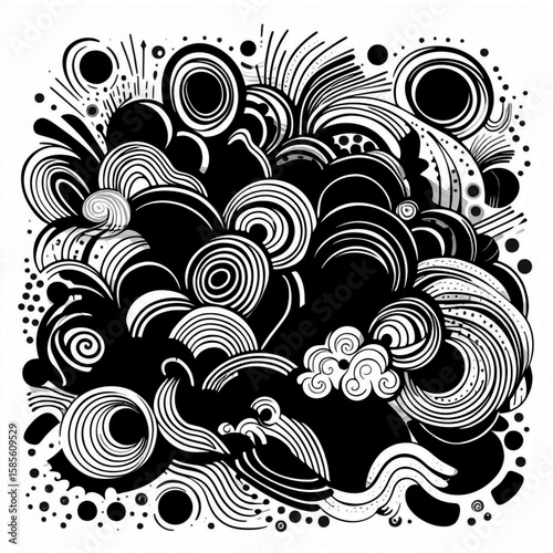 Monochrome abstract doodle vector with spontaneous brush strokes and irregular shapes, no humans or animals.

