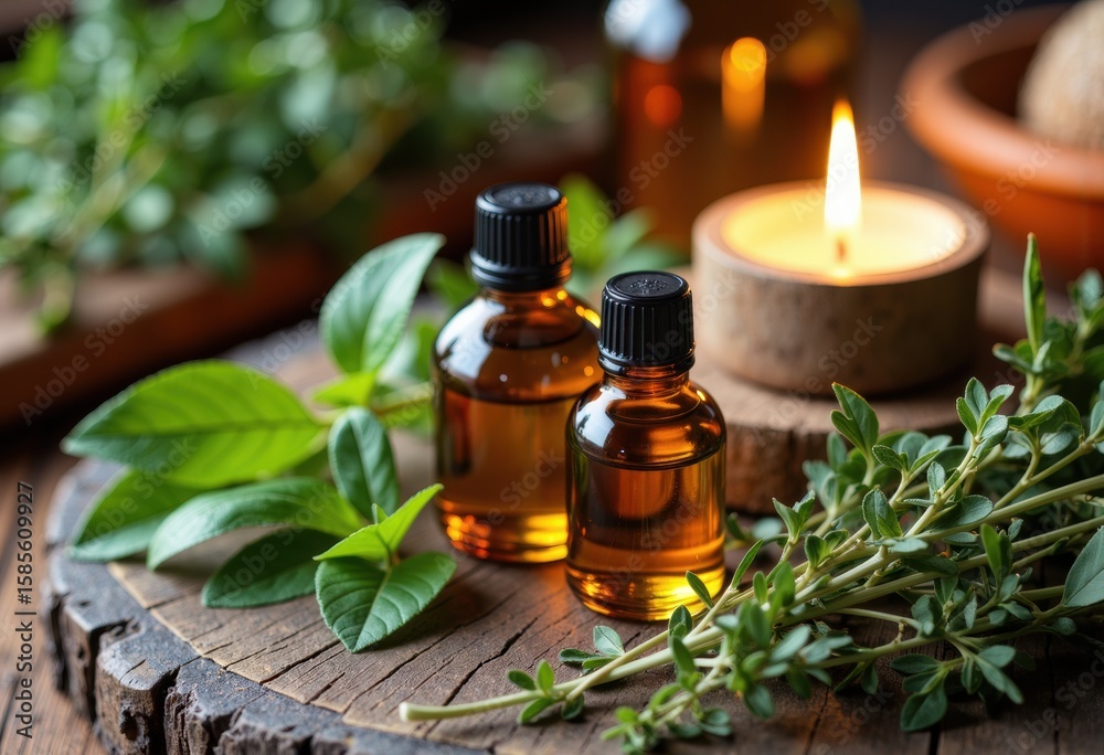 Aromatherapy essential oils with candles and greenery creating a calming spa atmosphere Aromatherapy essential oils with candles and greenery creating a calming spa atmosphere