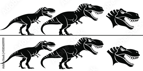 Black silhouette tyrannosaurus rex dinosaur group and head isolated on white background