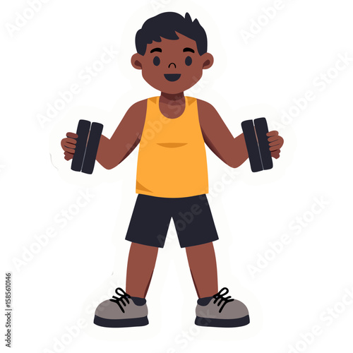 Vector SVG Illustration of Child Lifting Weights in Modern Flat Style with Bright Colors for Fitness and Sports Themes