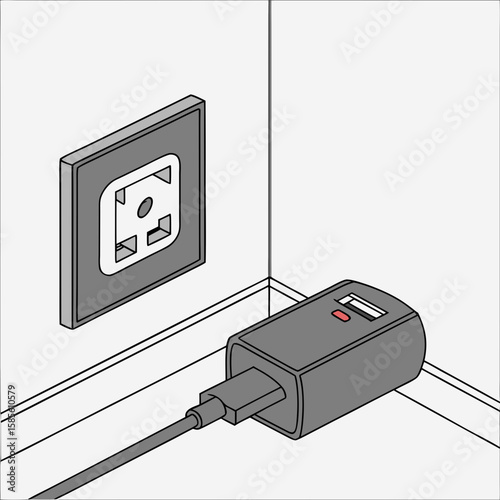 Illustration showing a usb charger plugged into a wall outlet in a corner of a room with white walls