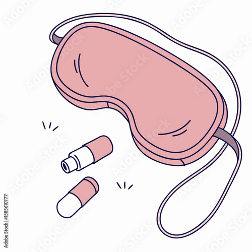 Illustration of a pink sleep mask with a strap and two earplugs on a white background surface