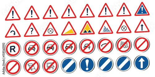 Collection of various traffic signs and warning symbols isolated on white background