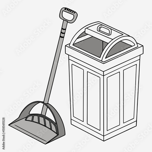 A dustpan and brush leaning against a trash can with a curved lid and handle in a simple line drawing