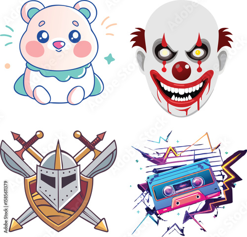 Vector art of a compilation of diverse graphics featuring a cute bear, a scary clown face, knights armor with swords, and a retro cassette tape