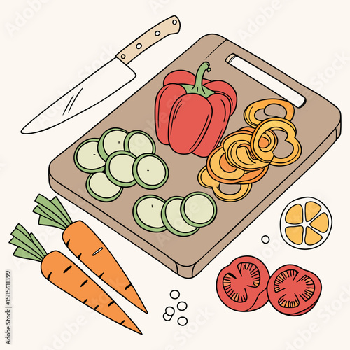 Still life illustration of a cutting board with various sliced vegetables and a knife on a white background