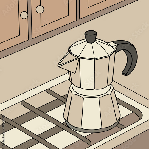 Moka pot on a stove top with kitchen cabinets in the background in a kitchen setting illustration