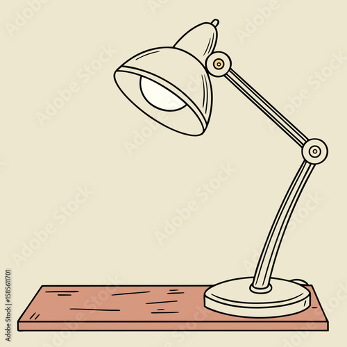 Illustration of a desk lamp with a white shade and an adjustable arm on a wooden surface table top