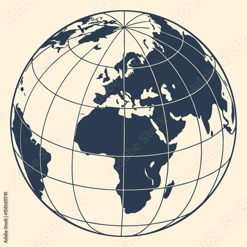 Illustration of a globe showing continents and grid lines on a light background in a simple style