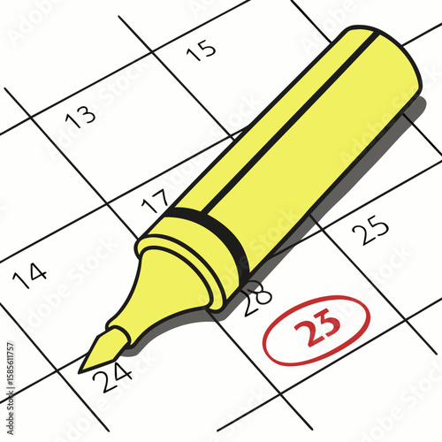 Yellow highlighter rests on a calendar page marking the date with a red circle around the twenty third