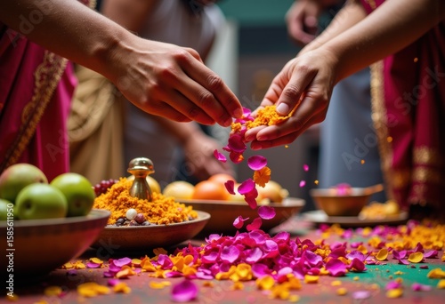 Hands delicately arranging colorful flower petals during a festive celebration