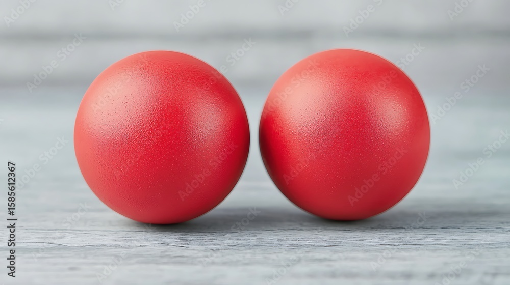 Two textured red rubber balls are placed side by side on a light wooden surface with a blurred neutral background. Two textured red rubber balls are placed side by side on a light wooden surface with a blurred neutral background.