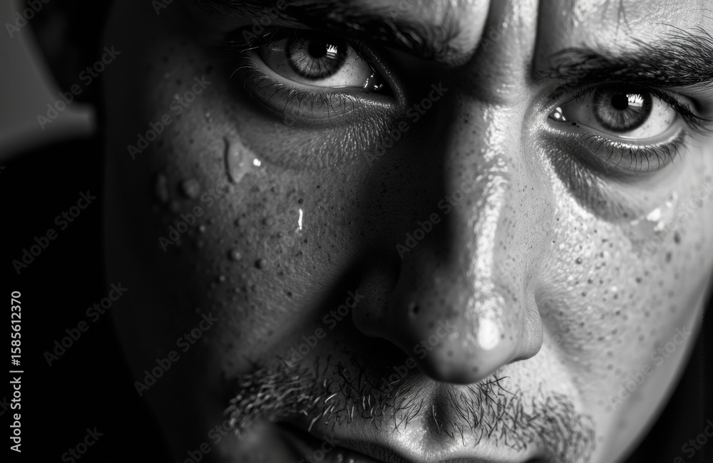 Naklejka premium Close-up of a man's face with intense expression and water droplets on skin