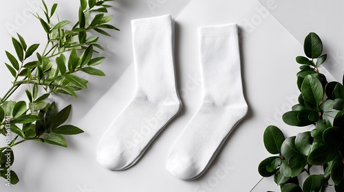 Two pairs of white socks neatly arranged on a white surface for a blank mockup display