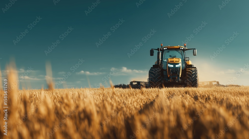 Fototapeta premium An ultra-realistic photo of an autonomous tractor plowing a golden wheat field under a clear blue sky, high-tech sensors and GPS module visible, modern agricultural technology in action