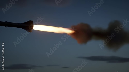 A guided missile flies through the sky at sunset leaving a trail of fire and smoke