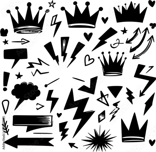 Black sketch vector of scribbled crowns, exclamations, arrows, and lightning bolts on a clean white background.

