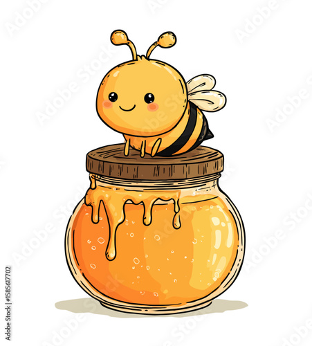 A cartoon golden honey pot, isolated on white, is a traditional food container illustration