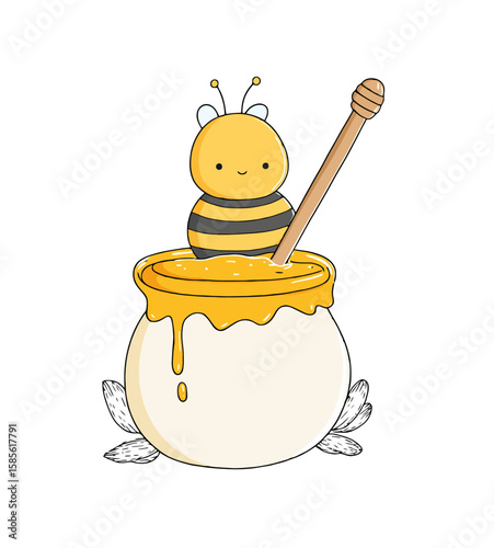 Cartoon vector illustration of golden honey dripping from a pot and spoon, isolated on white