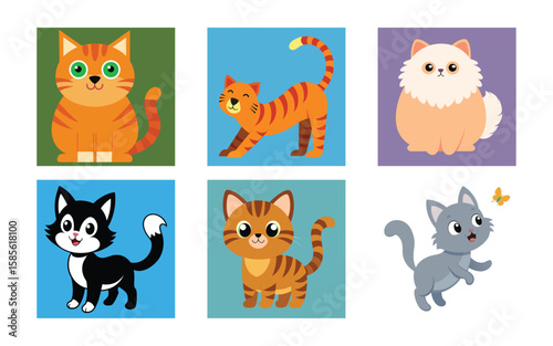 Six Adorable Cartoon Cats: Happy, Playful, Colorful Illustrations for Kids