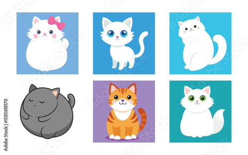 Adorable cartoon cats: six diverse breeds, cheerful expressions, pastel backgrounds.