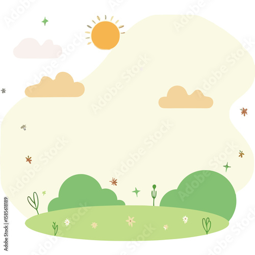 Minimalist Vector SVG Illustration of Nature Scene with Sun Clouds Trees and Flowers in Flat Design Style with Soft Colors