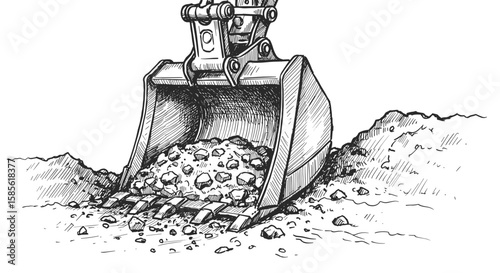 Close-Up of Excavator Bucket with Soil and Rocks, Woodcut or Engraving, AI Generated

