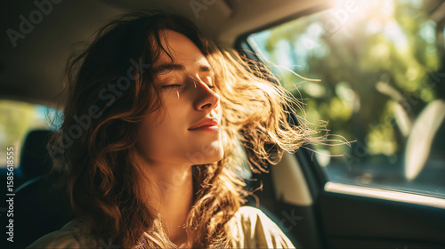 Sommerliche Autofahrt mit Klimaanlage – Frau genießt kühlen Luftstrom. Künstliche Intelligenz KI