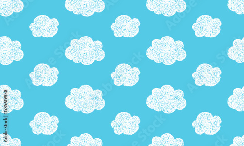 Seamless pattern with crayon clouds in sky. Abstract background of blue sky with cute fluffy white clouds with chalk texture, vector illustration