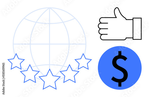 Globe with five stars, thumbs-up sign, and dollar symbol in blue. Ideal for business excellence, customer satisfaction, global standards, financial success, service quality, branding simple landing
