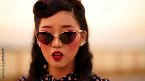A stylish Asian woman with a vintage 1950s pin up hairstyle singing while wearing cat eye sunglasses