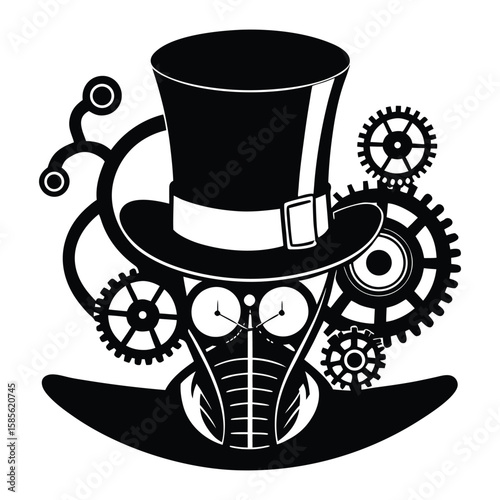 Black silhouette of a steampunk top hat with gears and goggles vector