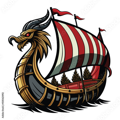 Dragon head viking longship with red and white striped sails and red flags viking ship sailing