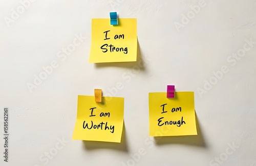 Three note paper on white background written I AM STRONG, I AM WORTHY, I AM ENOUGH - powerful self talk positive affirmations to boost self confidence in daily life