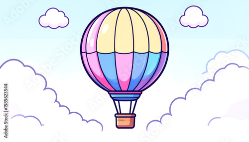A vibrant, hand-drawn digital illustration of a striped hot air balloon  gently rising amidst stylized white clouds against a light blue sky