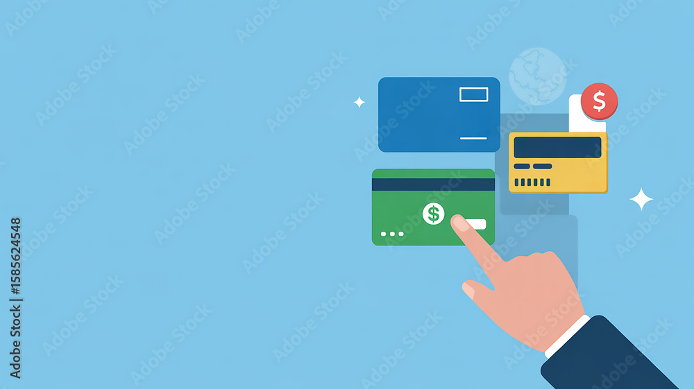 An illustration of a finger touching a credit card, symbolizing online payment and financial transactions An illustration of a finger touching a credit card, symbolizing online payment and financial transactions