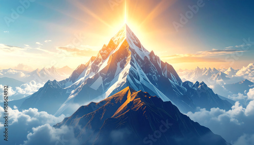 An illustration of a majestic mountain range with sharp, geometric layers, illuminated by a brilliant sunbeam  breaking through clouds