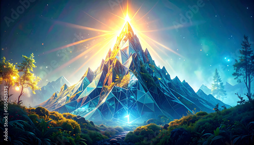 A stylized vector-style illustration of a mountain made from clean, geometric layers, with the peak glowing brightly with an orange and yellow light against a light blue sky