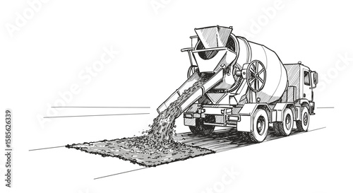 Concrete Mixer Pouring Concrete on Asphalt, Woodcut or Hand Drawn Sketch, Black and White, AI Generated

