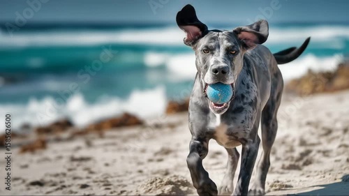 Merle Great Dane running on beach with blue ball, joyful summer scene with large playful dog by the sea