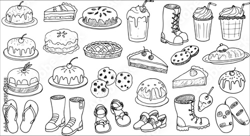 Eclectic black and white doodle art featuring a mix of delicious cakes, pies, and cookies with assorted footwear like boots, sandals, flip-flops, and skull slippers.