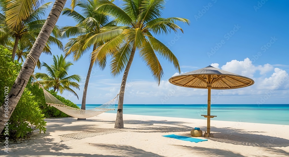Obraz premium Tropical beach paradise with palm trees hammock and beach umbrella under a clear blue sky